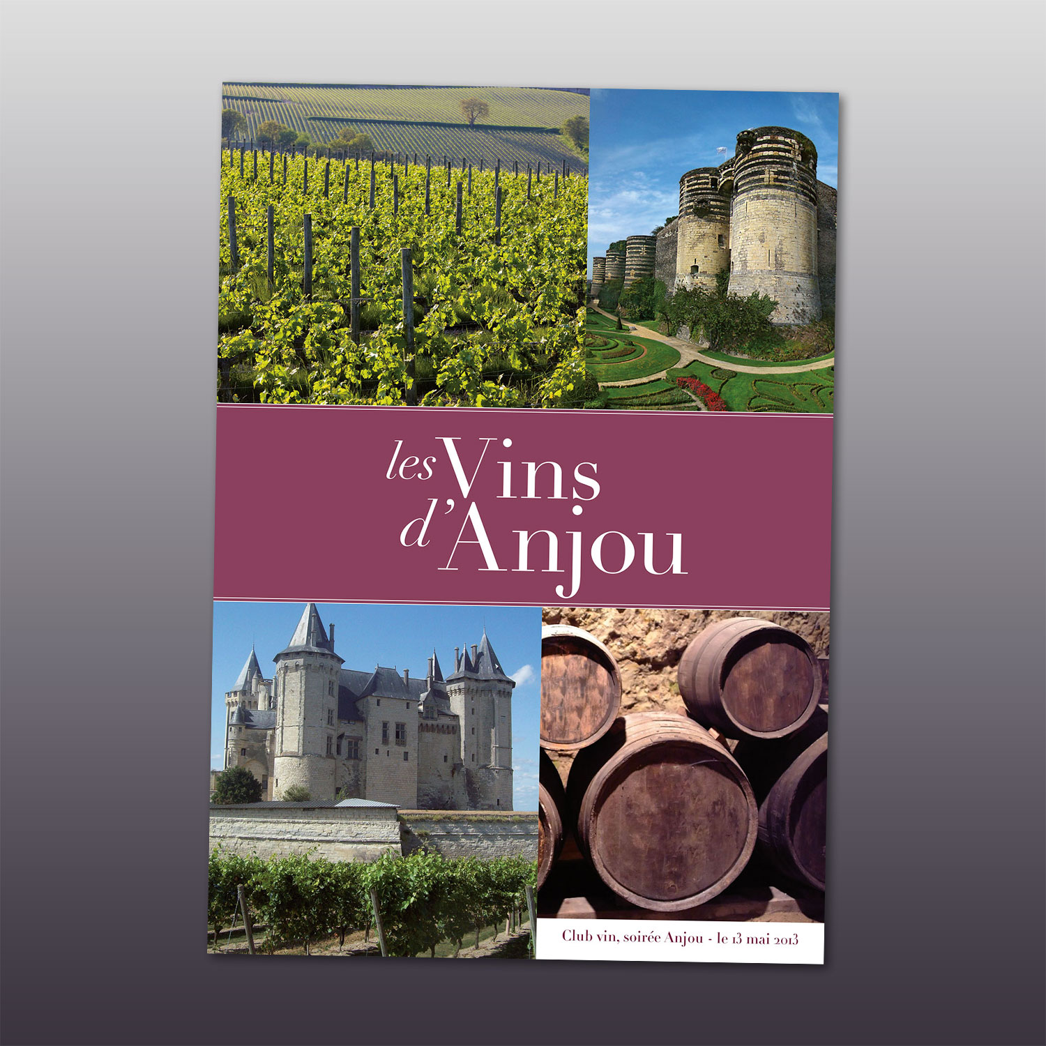 couverture d'un livret sur l'Anjou, avec des images des vignobles et chateaux de la région