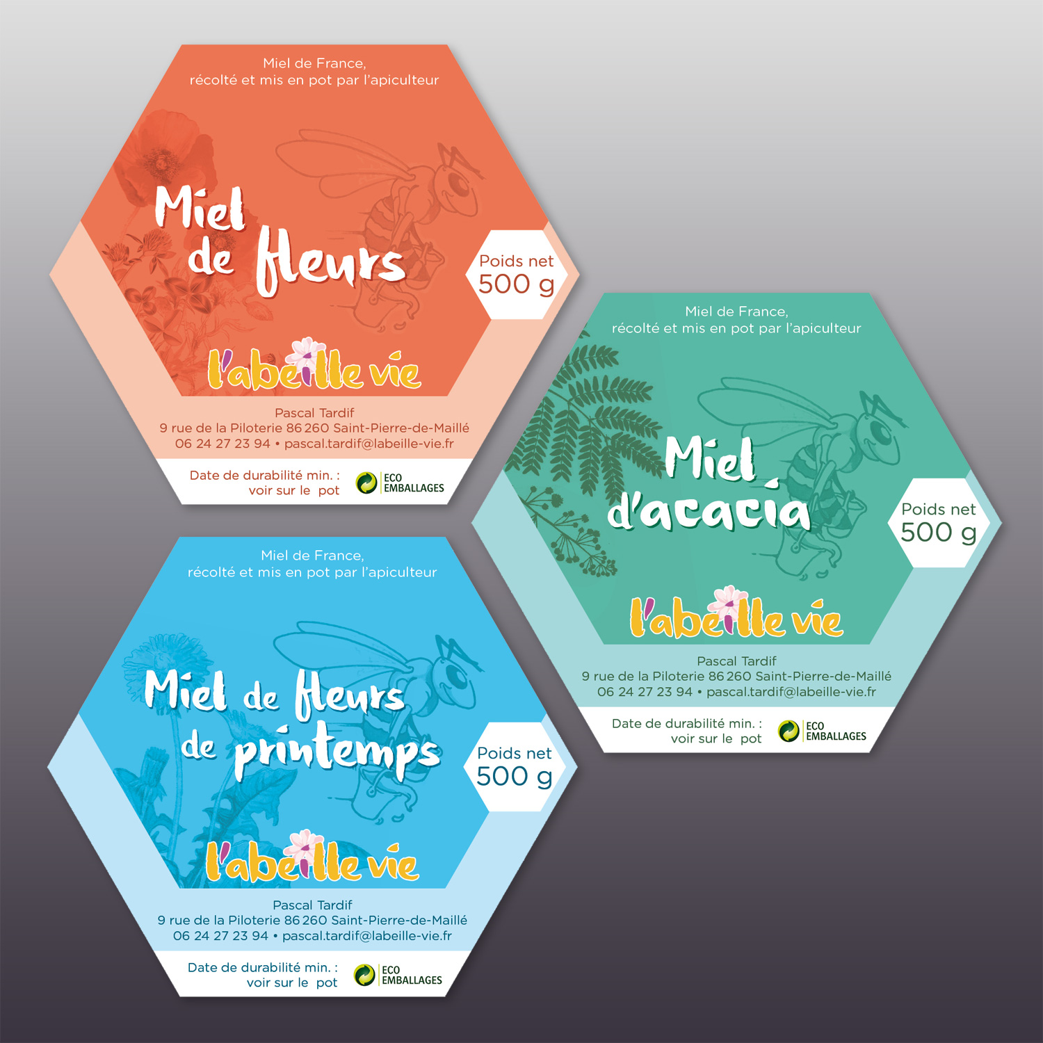 trois étiquettes de miel