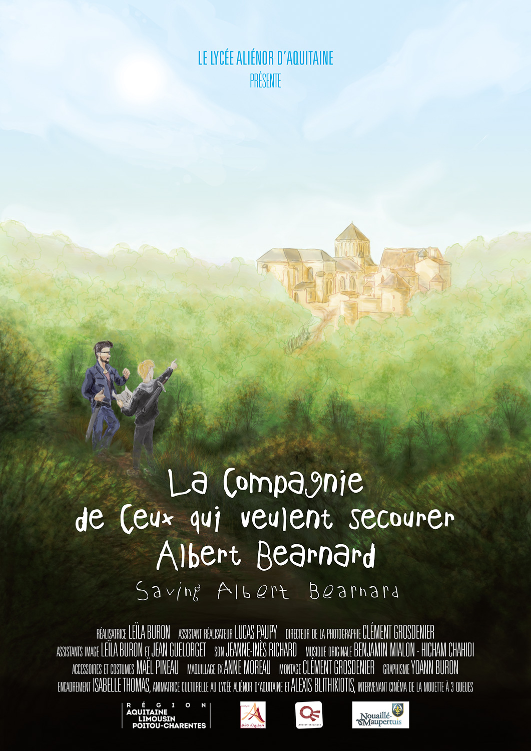 zoom sur l'affiche du court-métrage, représentant deux enfants explorant un chemin forestier, avec des bâtiments médiévaux au loin