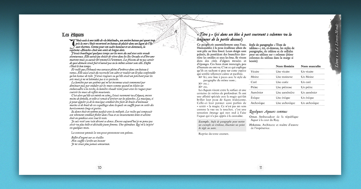 un gabarit de double-page, qui présente au client différents formats et styles de texte à utiliser
