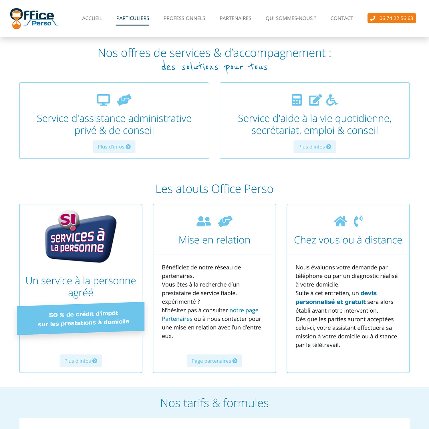 vue des encarts présentant les services