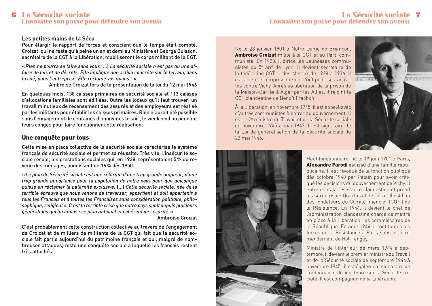 double-page extraite de la partie historique du livret relatant la fondation de la Sécu