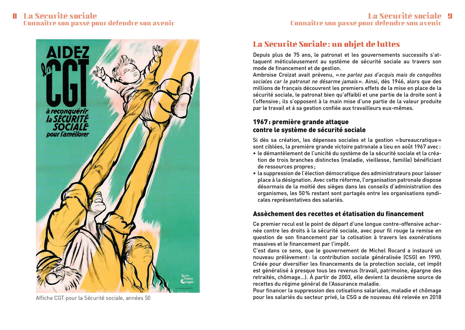 double-page traitant de l'évolution de la Sécu, illustrée par une affiche des années 50