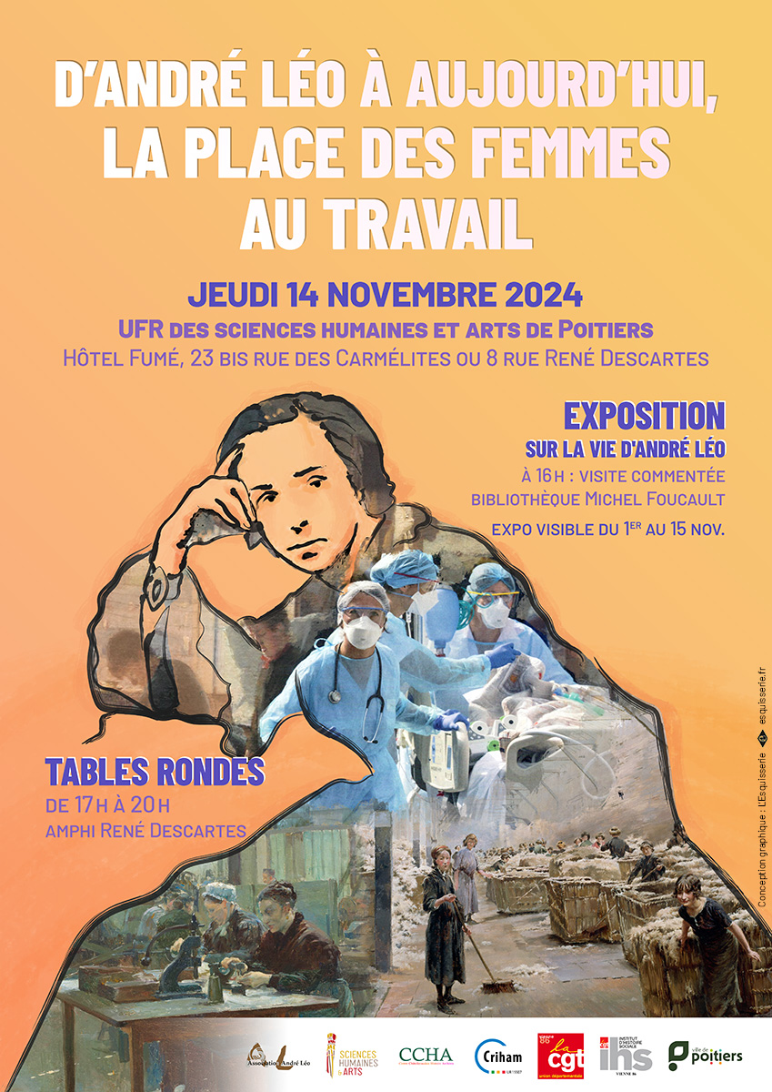 affiche pour un événement expo/tables rondes sur André Léo et les femmes au travail