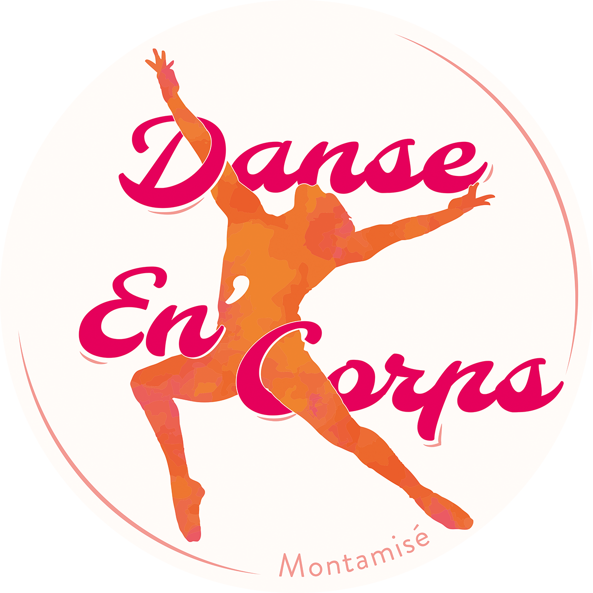 logo de l'association, représentant la silhouette d'un danseur en camaieu d'orange, autour duquel s'entrelacent les mots 'Danse En'Corps' en magenta